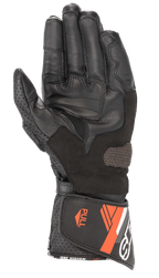 Alpinestars SP-8 V3 læderhandske, motorcykelhandske, sort og rød fluo, håndfladevisning med forstærkede grebspaneler, perforeret læder på tommelfingeren og justerbar manchet med orange detaljer og "ONE GOAL ONE VISION"-branding