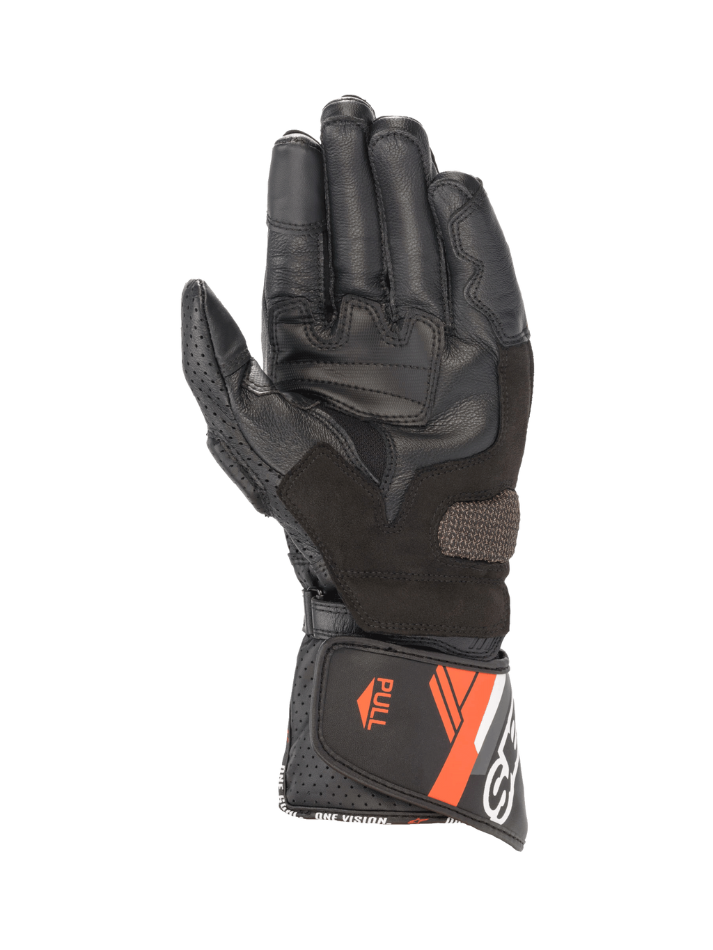 Alpinestars SP-8 V3 herremotorcykelhandsker i læder, sort og rød fluo, håndflade med grebsindlæg og sikker manchetlukning.