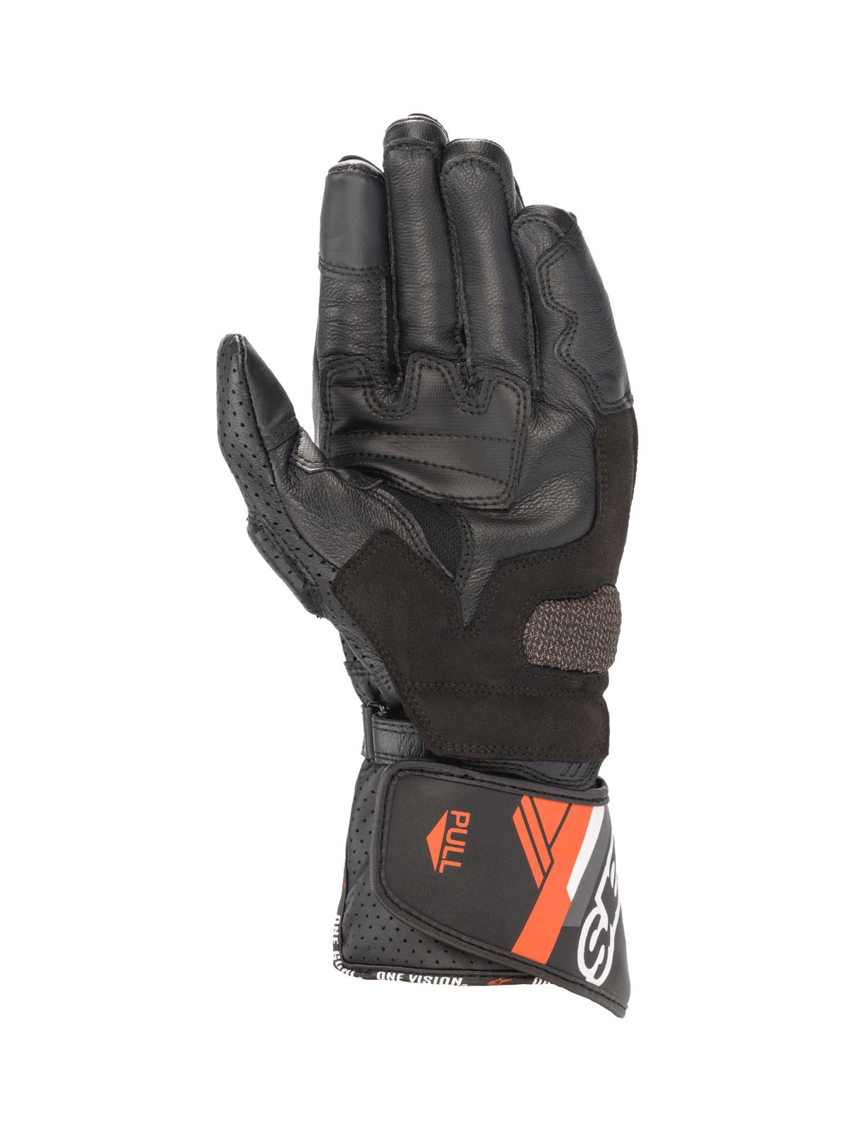 Alpinestars SP-8 V3 herremotorcykelhandsker i læder, sort og rød fluo, håndflade med grebsindlæg og sikker manchetlukning.