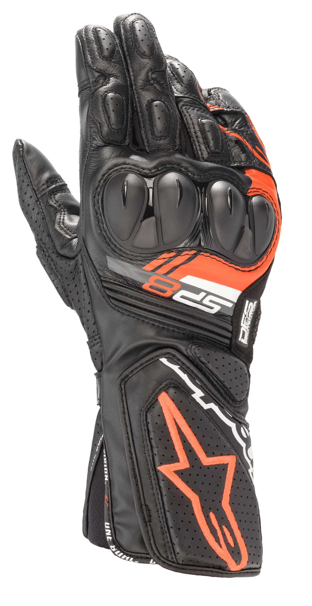 Alpinestars SP-8 V3 handsker, motorcykelhandsker i læder til racing, sort og rød fluo, med forstærket dual-density knobeskyttelse, perforerede læderpaneler og SP-8 branding, sportsligt performance-design