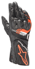 Alpinestars SP-8 V3 handsker, motorcykelhandsker i læder til racing, sort og rød fluo, med forstærket dual-density knobeskyttelse, perforerede læderpaneler og SP-8 branding, sportsligt performance-design