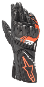 Alpinestars SP-8 V3 handsker, motorcykelhandsker i læder til racing, sort og rød fluo, med forstærket dual-density knobeskyttelse, perforerede læderpaneler og SP-8 branding, sportsligt performance-design