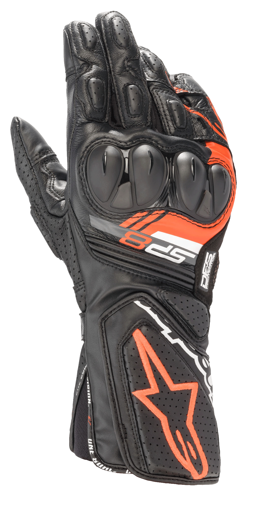 Alpinestars SP-8 V3 handsker, motorcykelhandsker i læder til racing, sort og rød fluo, med forstærket dual-density knobeskyttelse, perforerede læderpaneler og SP-8 branding, sportsligt performance-design
