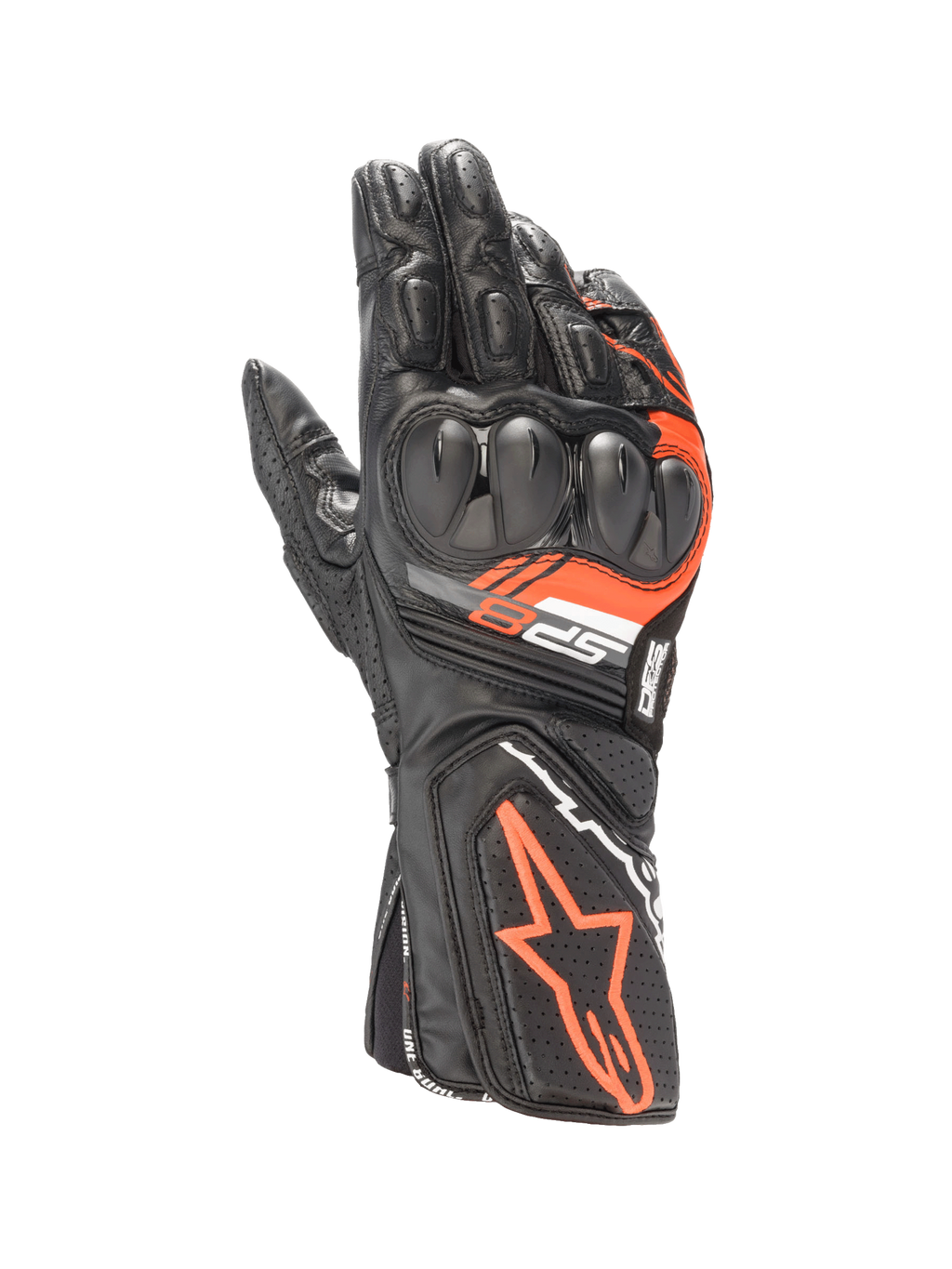 Alpinestars SP-8 V3 motorcykelracinghandsker i sort og rød fluo læder med SP-knobeskyttelse med dobbelt densitet