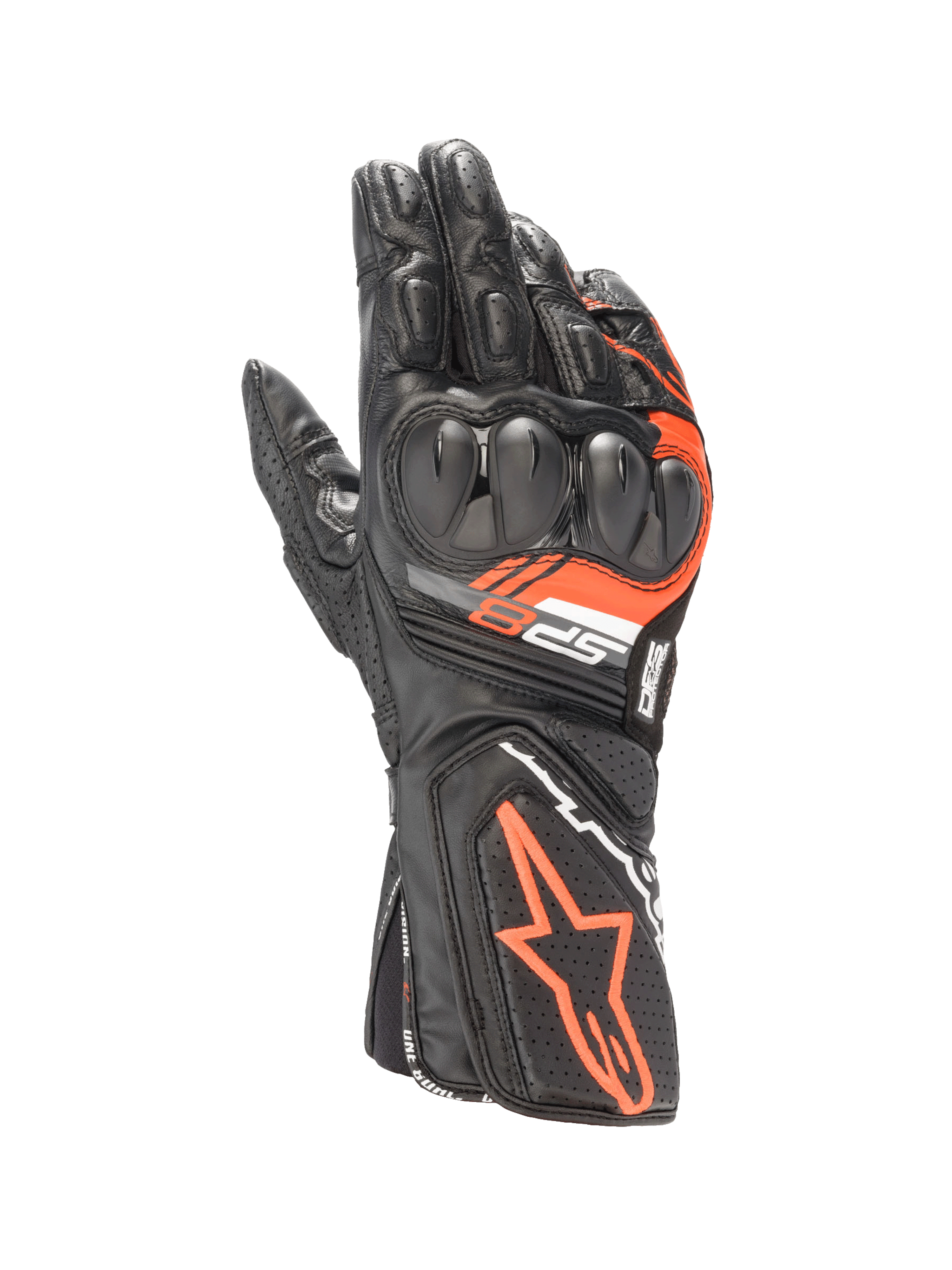 Alpinestars SP-8 V3 motorcykelracinghandsker i sort og rød fluo læder med SP-knobeskyttelse med dobbelt densitet