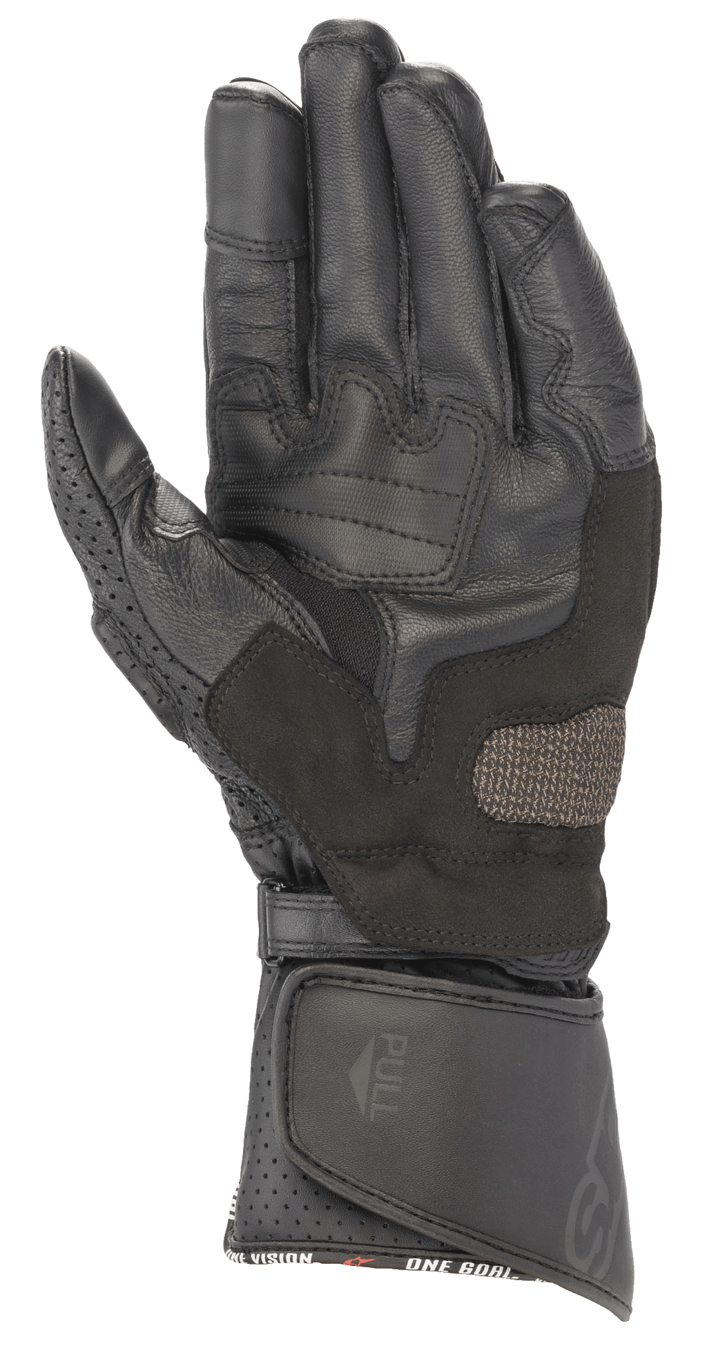 Alpinestars SP-8 V3 læderhandsker, sort, håndfladevisning med forstærkede grebsindlæg, perforeret tommelfinger og justerbar velcrolukning ved manchetten, højtydende beskyttelse til motorcykelracing