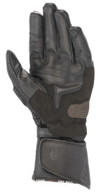Alpinestars SP-8 V3 læderhandsker, sort, håndfladevisning med forstærkede grebsindlæg, perforeret tommelfinger og justerbar velcrolukning ved manchetten, højtydende beskyttelse til motorcykelracing