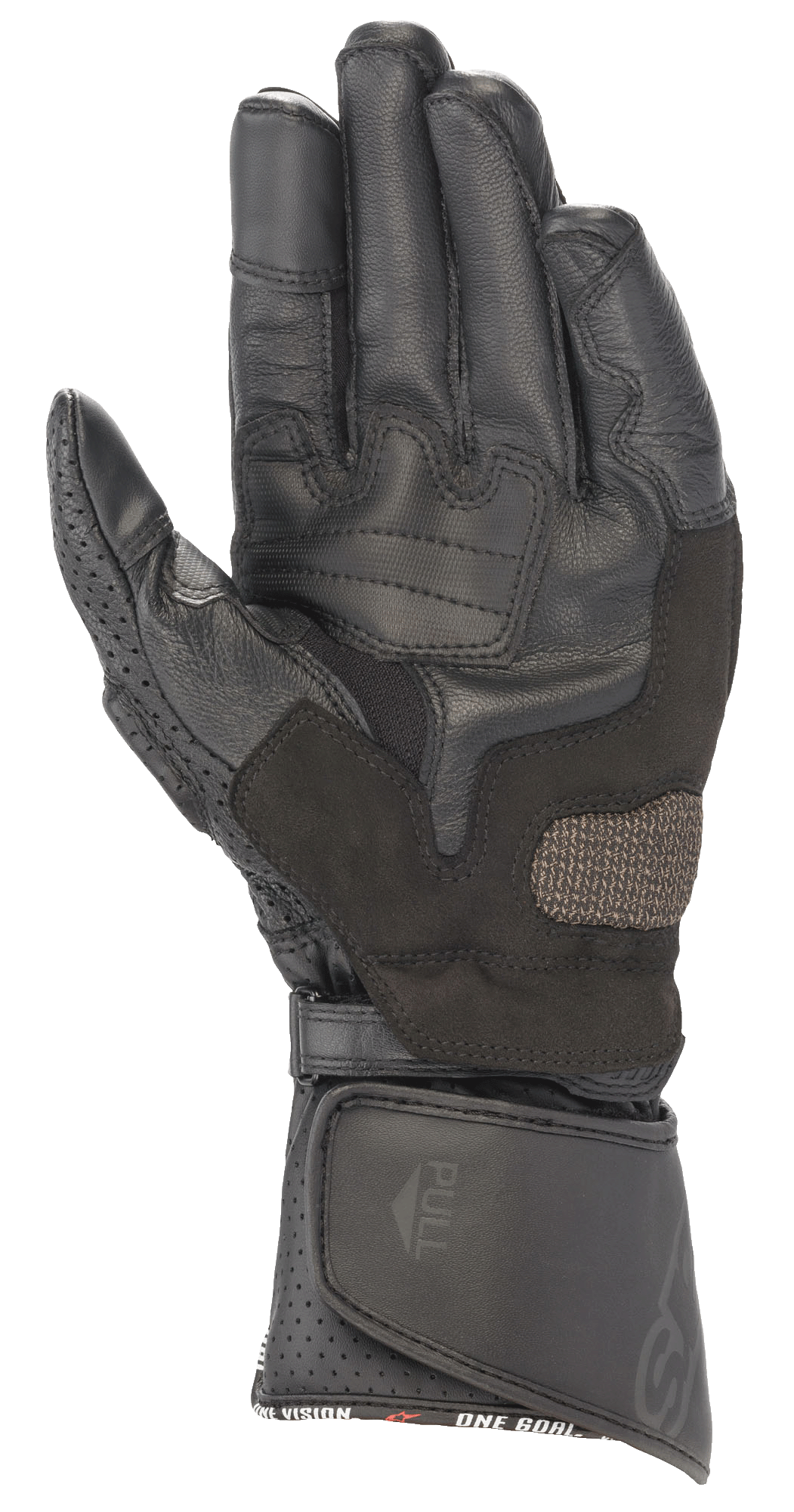 Alpinestars SP-8 V3 læderhandsker, sort, håndfladevisning med forstærkede grebsindlæg, perforeret tommelfinger og justerbar velcrolukning ved manchetten, højtydende beskyttelse til motorcykelracing