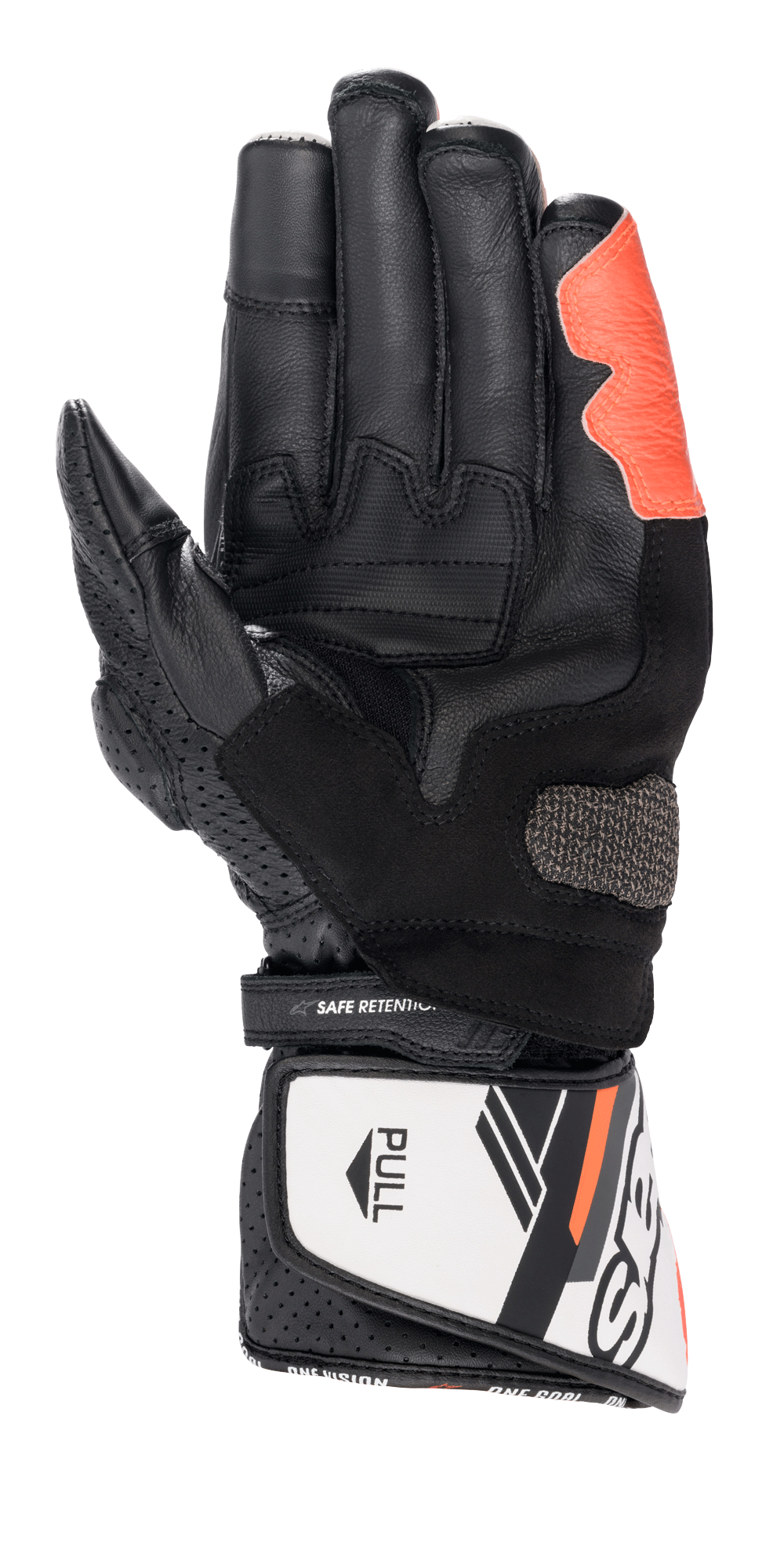 Alpinestars SP-8 V3 handsker, motorcykel racinghandsker, sort hvid og rød fluo, håndfladevisning med teksturerede grebsindsatser og forstærket håndflade, krog-og-løkke manchetlukning med 'SAFE RETENTION'-strop og hvid 'PULL'-fane, perforerede læderdetaljer