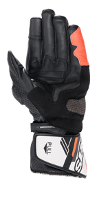 Alpinestars SP-8 V3 handsker, motorcykel racinghandsker, sort hvid og rød fluo, håndfladevisning med teksturerede grebsindsatser og forstærket håndflade, krog-og-løkke manchetlukning med 'SAFE RETENTION'-strop og hvid 'PULL'-fane, perforerede læderdetaljer