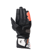 Alpinestars SP-8 V3 motorcykelhandsker, sort, hvid og rød fluo, læder med Arshield-slider, håndfladevisning.