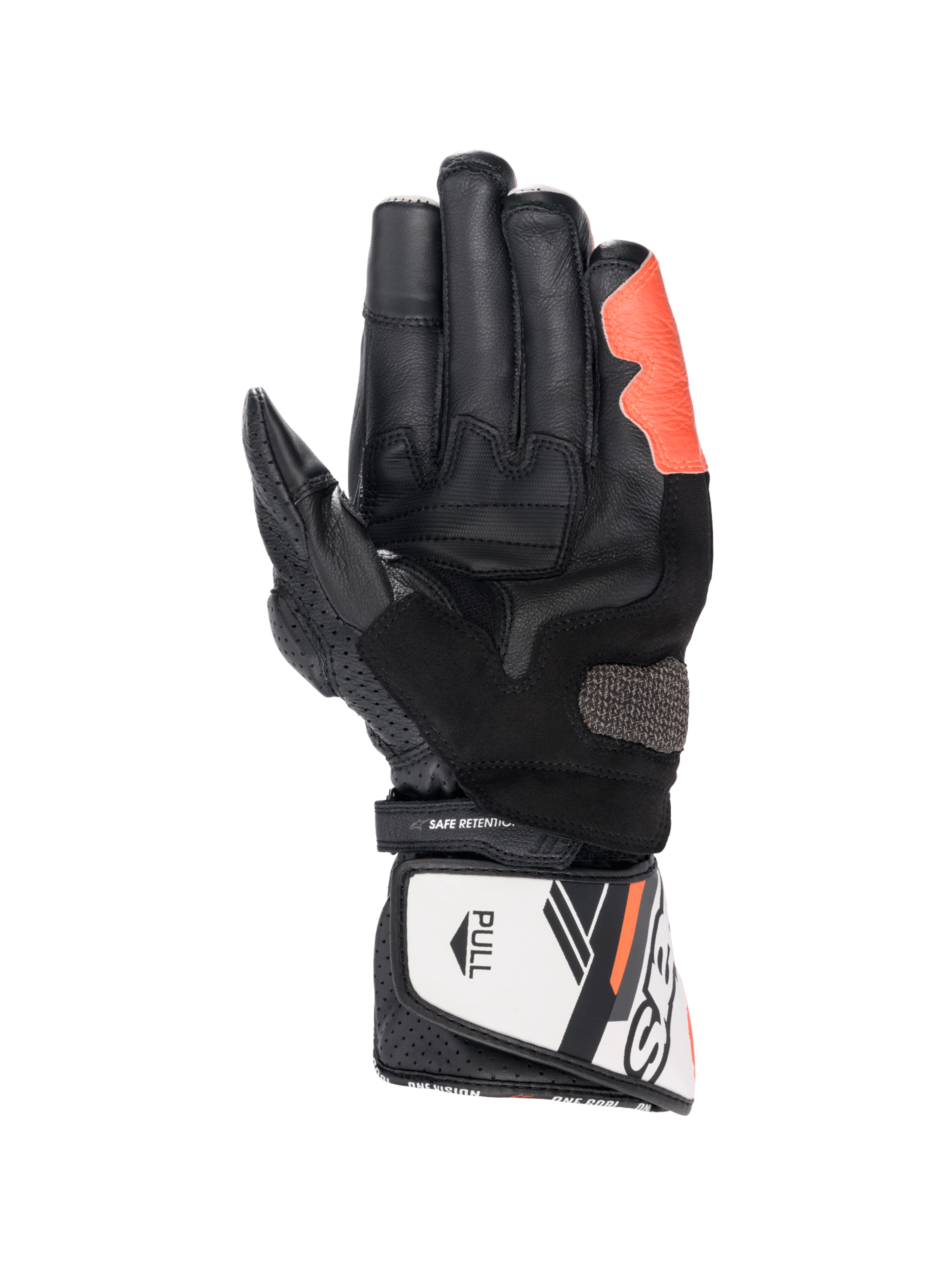 Alpinestars SP-8 V3 motorcykelhandsker, sort, hvid og rød fluo, læder med Arshield-slider, håndfladevisning.