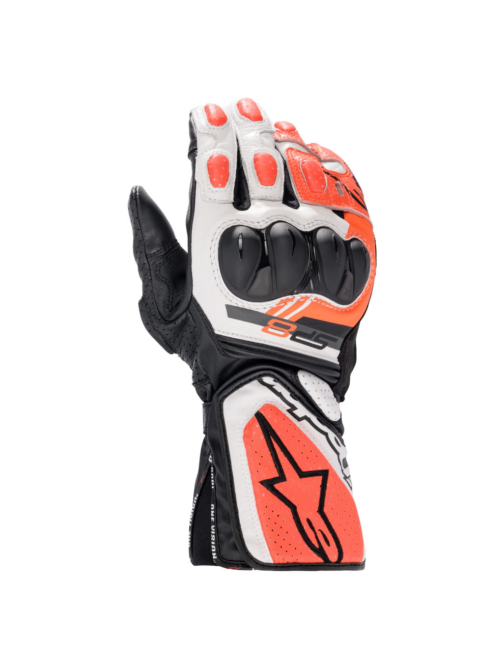 Alpinestars SP-8 V3 motorcykelhandsker til racing i sort, hvid og rød fluo læder med dobbelt densitets knobeskyttelse.