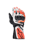 Alpinestars SP-8 V3 motorcykelhandsker til racing i sort, hvid og rød fluo læder med dobbelt densitets knobeskyttelse.
