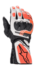 Alpinestars SP-8 V3 handsker, motorcykelracinghandsker, sort, hvid og rød fluo, med hård dobbelt-densitets knobeskyttelse, perforerede læderpaneler, lang manchet med stort Alpinestars stjernelogo og strømlinet ergonomisk sportsdesign