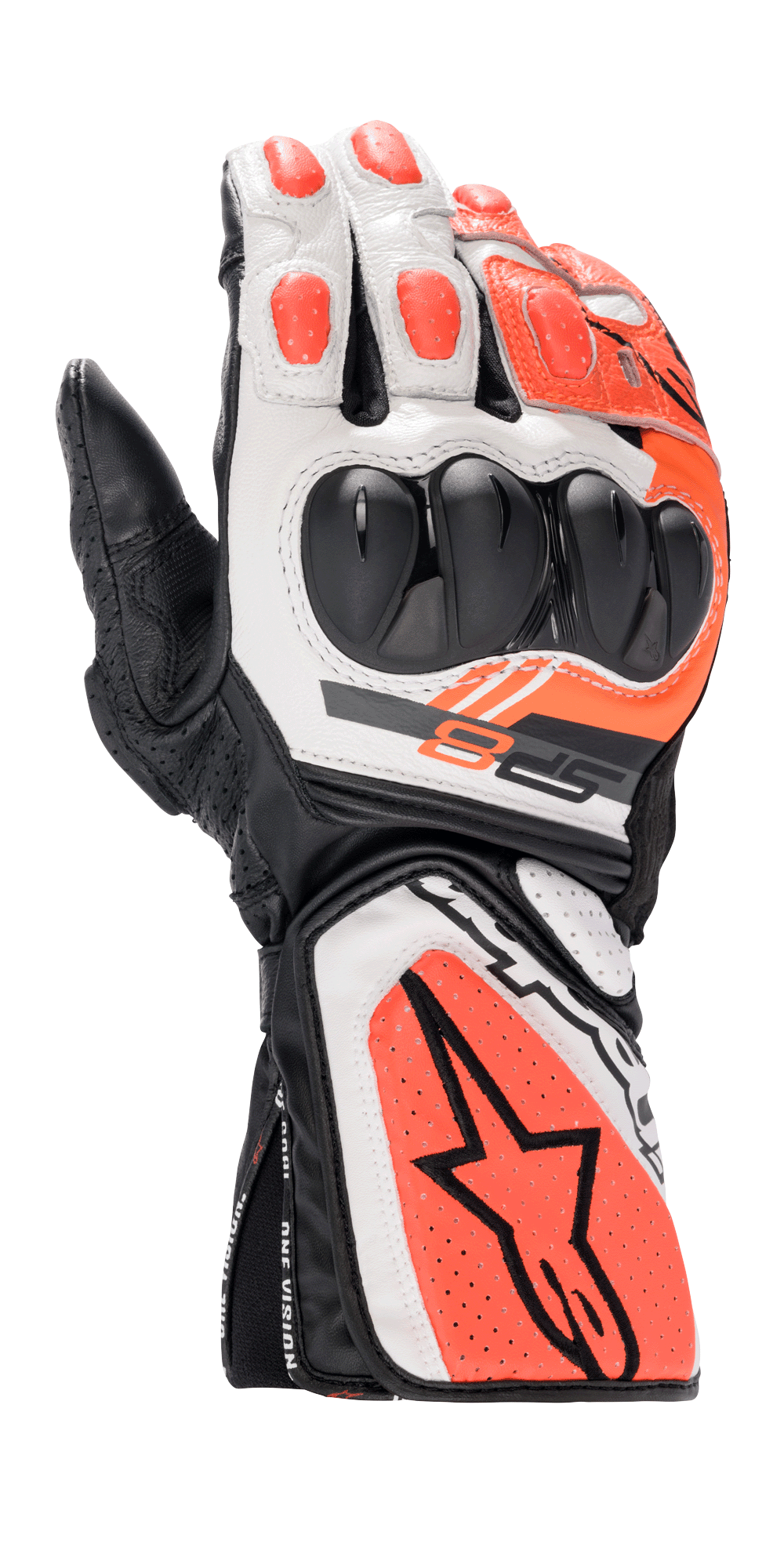 Alpinestars SP-8 V3 handsker, motorcykelracinghandsker, sort, hvid og rød fluo, med hård dobbelt-densitets knobeskyttelse, perforerede læderpaneler, lang manchet med stort Alpinestars stjernelogo og strømlinet ergonomisk sportsdesign