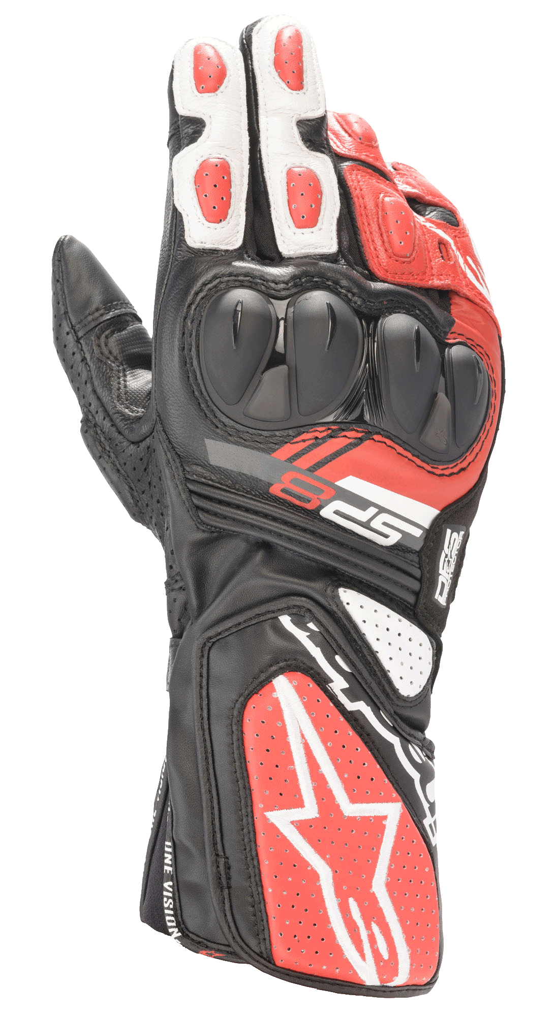 Alpinestars SP-8 V3 Gloves, Motorcycle Racing Gloves, Black White and Bright Red, featuring dual-density knuckle protection, perforated leather panels, and long cuff with bold Alpinestars branding, designed for track performance and road safety
