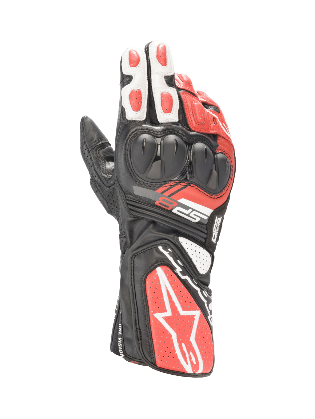Alpinestars SP-8 V3 herre-motorcykelhandsker i sort, hvid og rød læder med dobbelt densitets knobeskyttelse.