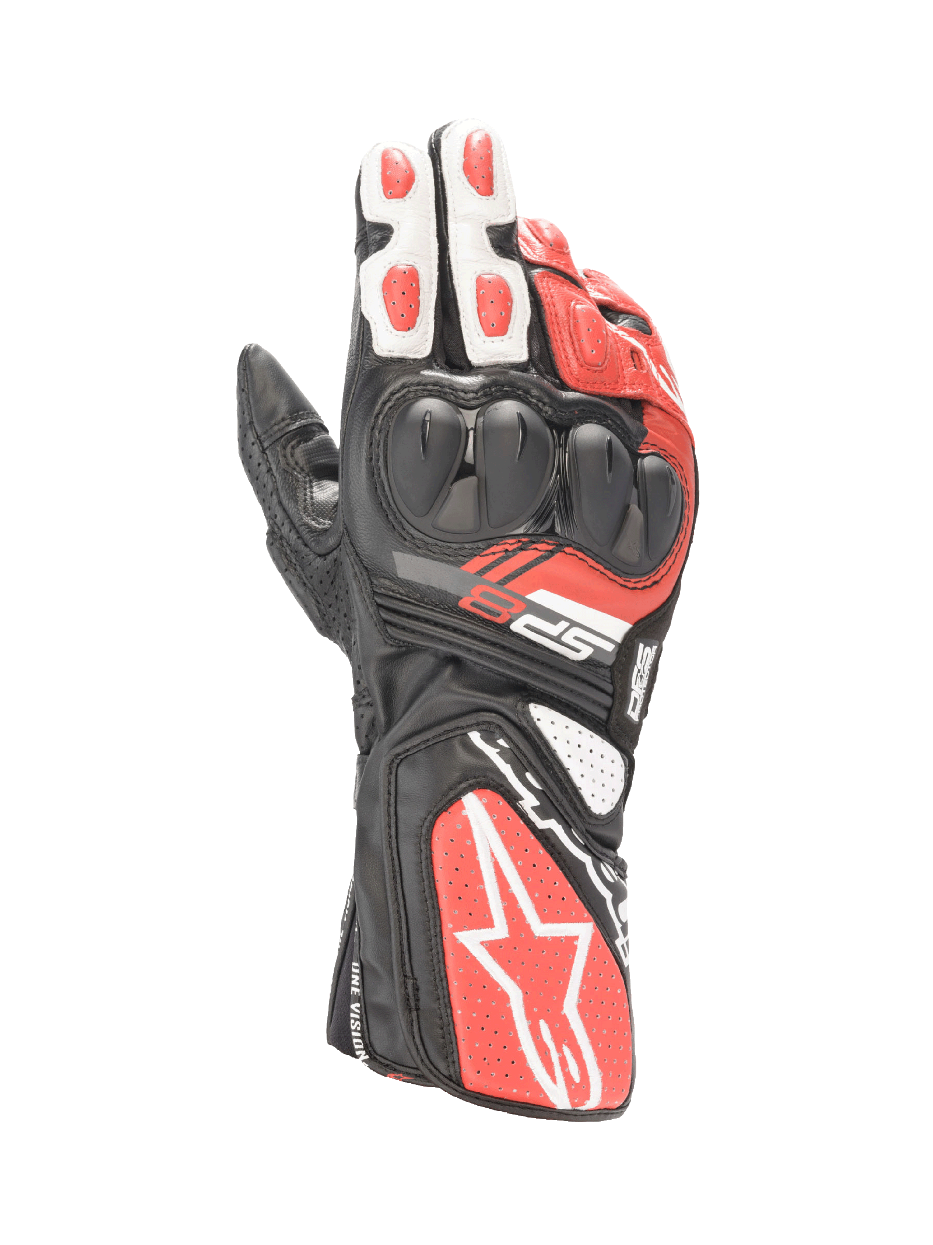 Alpinestars SP-8 V3 herre-motorcykelhandsker i sort, hvid og rød læder med dobbelt densitets knobeskyttelse.