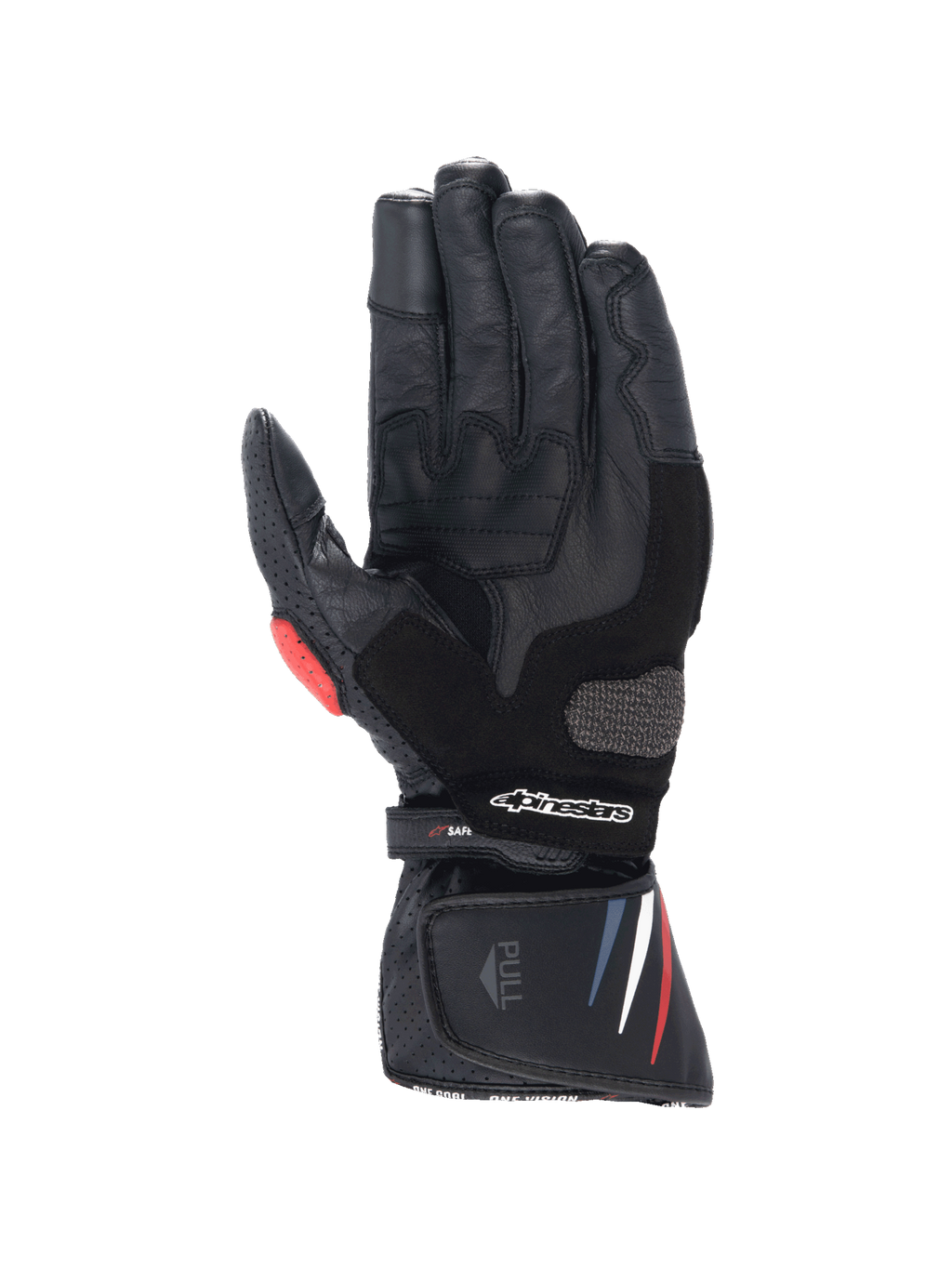 Alpinestars Honda SP-8 V3 herremotorcykelhandsker, sort læder med røde og blå detaljer og forstærket håndflade.