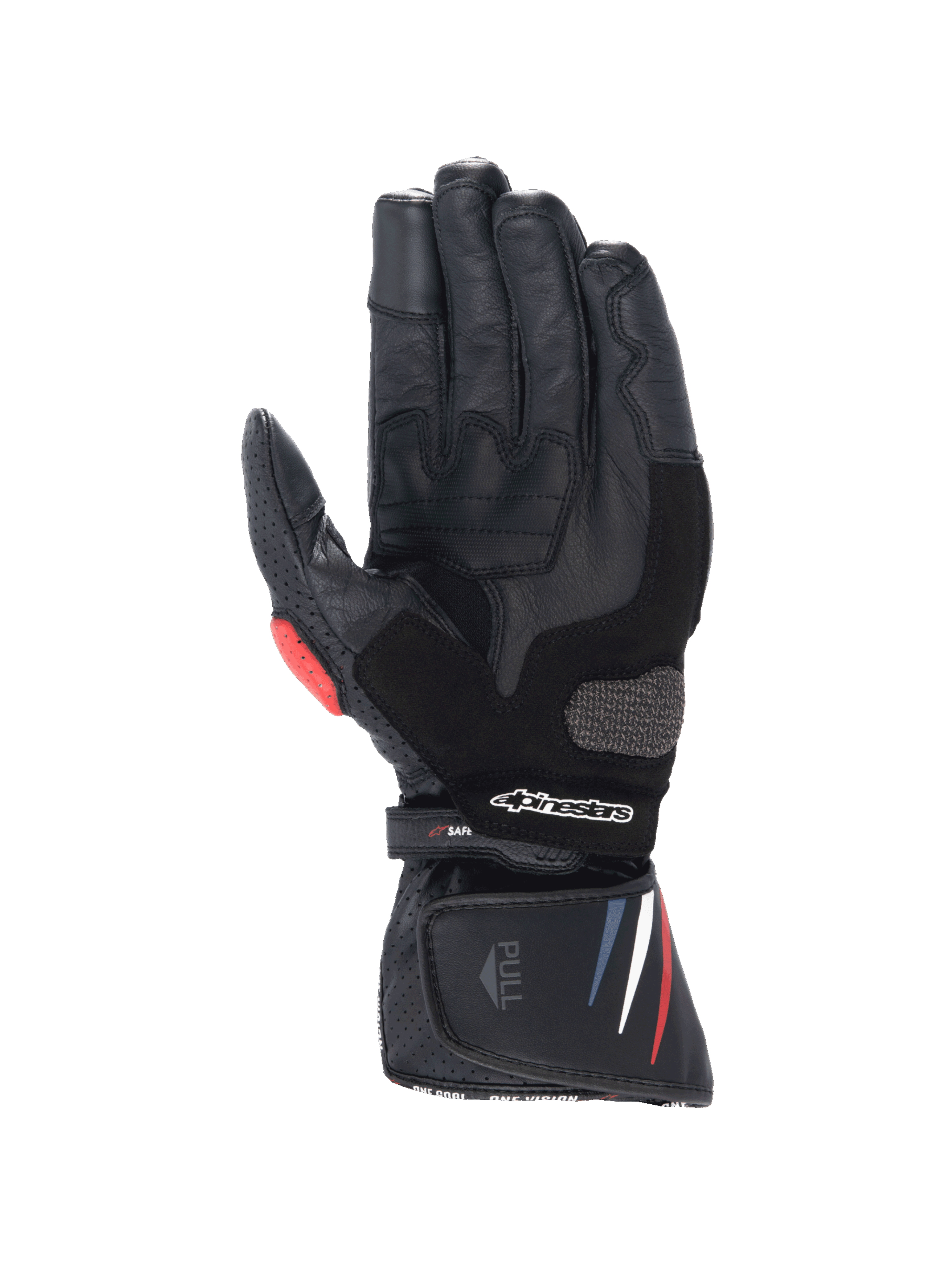 Alpinestars Honda SP-8 V3 herremotorcykelhandsker, sort læder med røde og blå detaljer og forstærket håndflade.