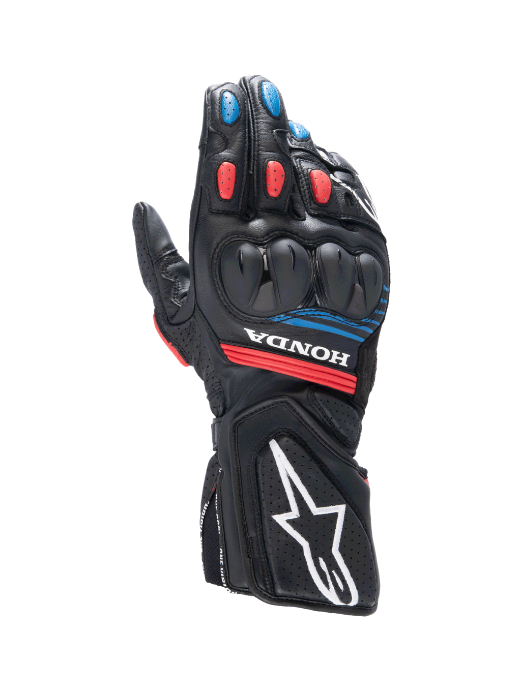 Honda SP-8 V3 handsker, Alpinestars herre motorcykelhandsker i sort læder med røde og blå detaljer, SP-knobeskyttelse, sport og racing