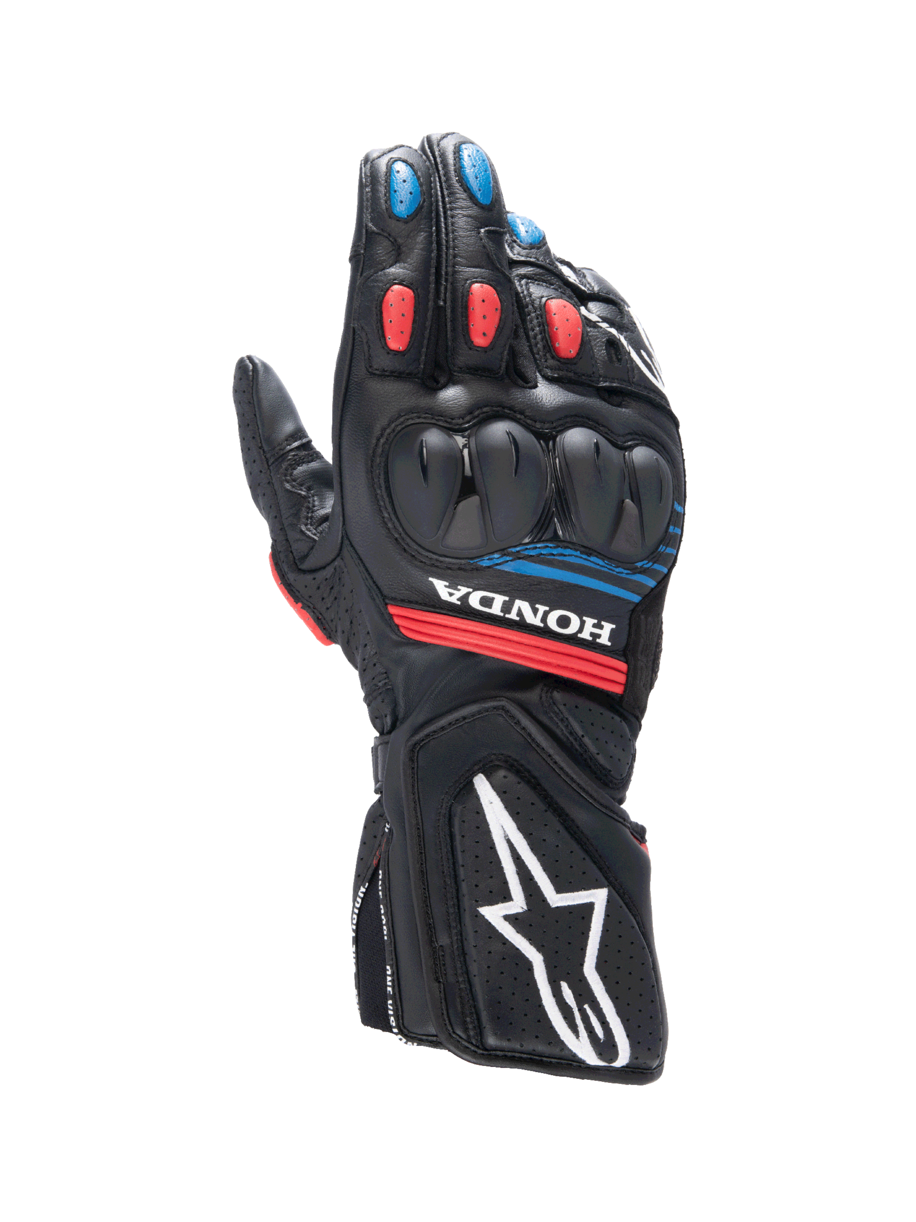Alpinestars Honda SP-8 V3 Gloves, men's motorcycle sport gloves in black and red with blue accents and knuckle protection.