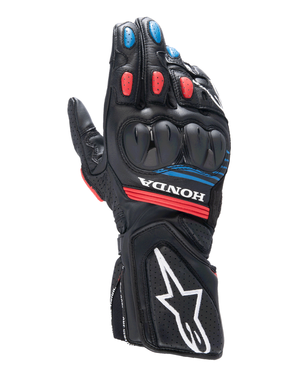 Alpinestars Honda SP-8 V3 Gloves, Motorcycle Racing Gloves, Black with Bright Red and Blue accents, featuring hard dual-density knuckle protection, perforated leather construction, Honda branding on the wrist, and a large white Alpinestars logo on the cuff.