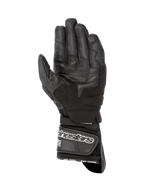 Alpinestars SP-8 V3 Air motorcykelhandsker til herrer set fra håndfladen, sort, forstærket læder og åndbart mesh, hvidt logo på manchetten.