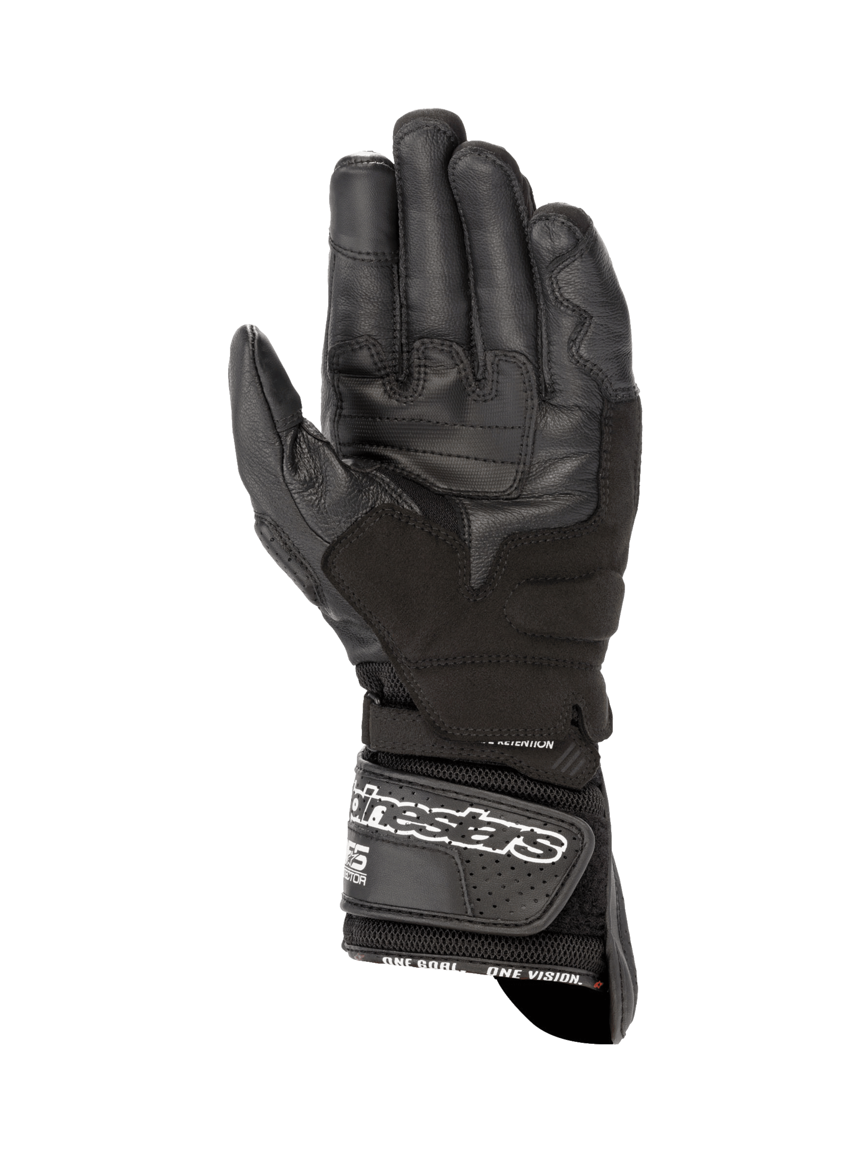 Alpinestars SP-8 V3 Air motorcykelhandsker til herrer set fra håndfladen, sort, forstærket læder og åndbart mesh, hvidt logo på manchetten.