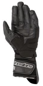 Alpinestars SP-8 V3 Air-handsker, motorcykelhandsker, sort, håndfladevisning der viser forstærket læderkonstruktion, grebsindsatser og en bred håndledsrem med hvid branding for en sikker pasform