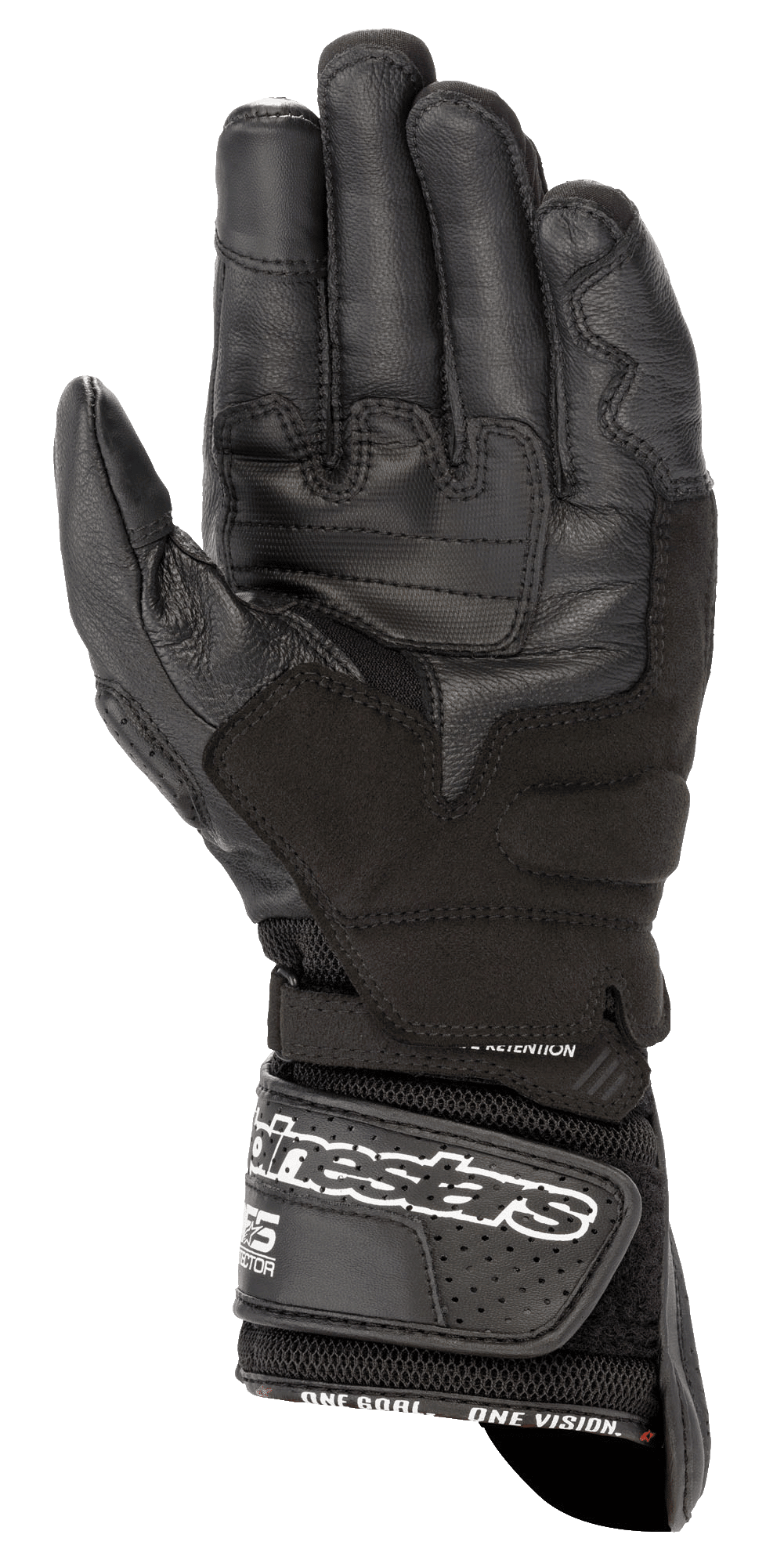 Alpinestars SP-8 V3 Air-handsker, motorcykelhandsker, sort, håndfladevisning der viser forstærket læderkonstruktion, grebsindsatser og en bred håndledsrem med hvid branding for en sikker pasform