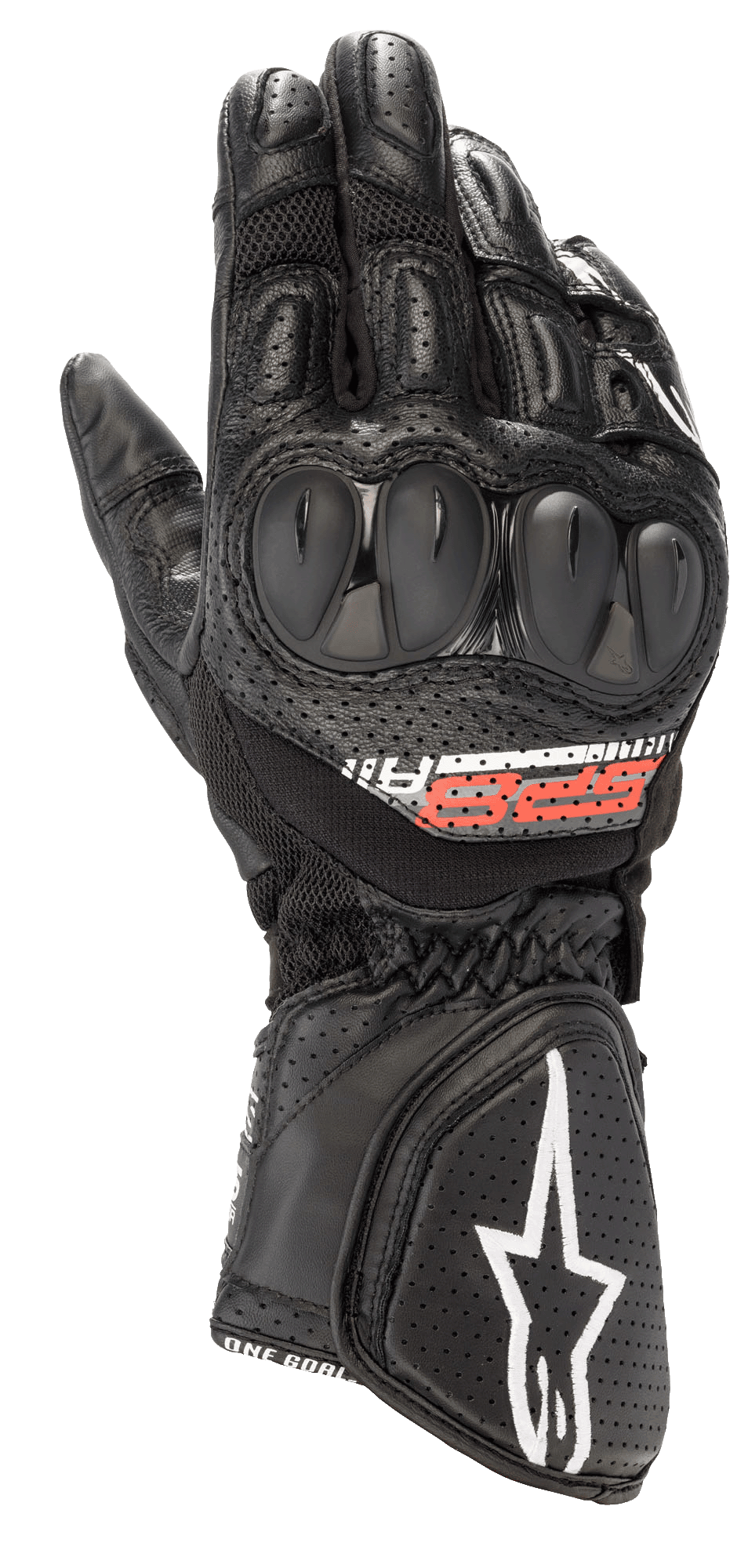 Alpinestars SP-8 V3 Air handsker, motorcykelhandsker til racing, sort med røde og hvide detaljer, hårde knobeskyttere, perforeret læder og 3D mesh-paneler til ventilation