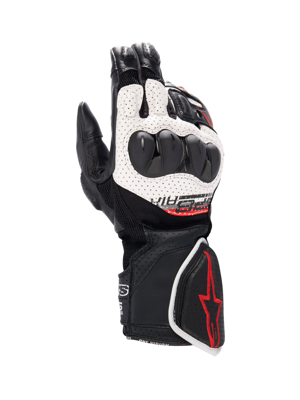 Alpinestars SP-8 V3 Air handsker, motorcykelracinghandsker til herrer, sort og hvid med rød grafik og knobeskyttelse.