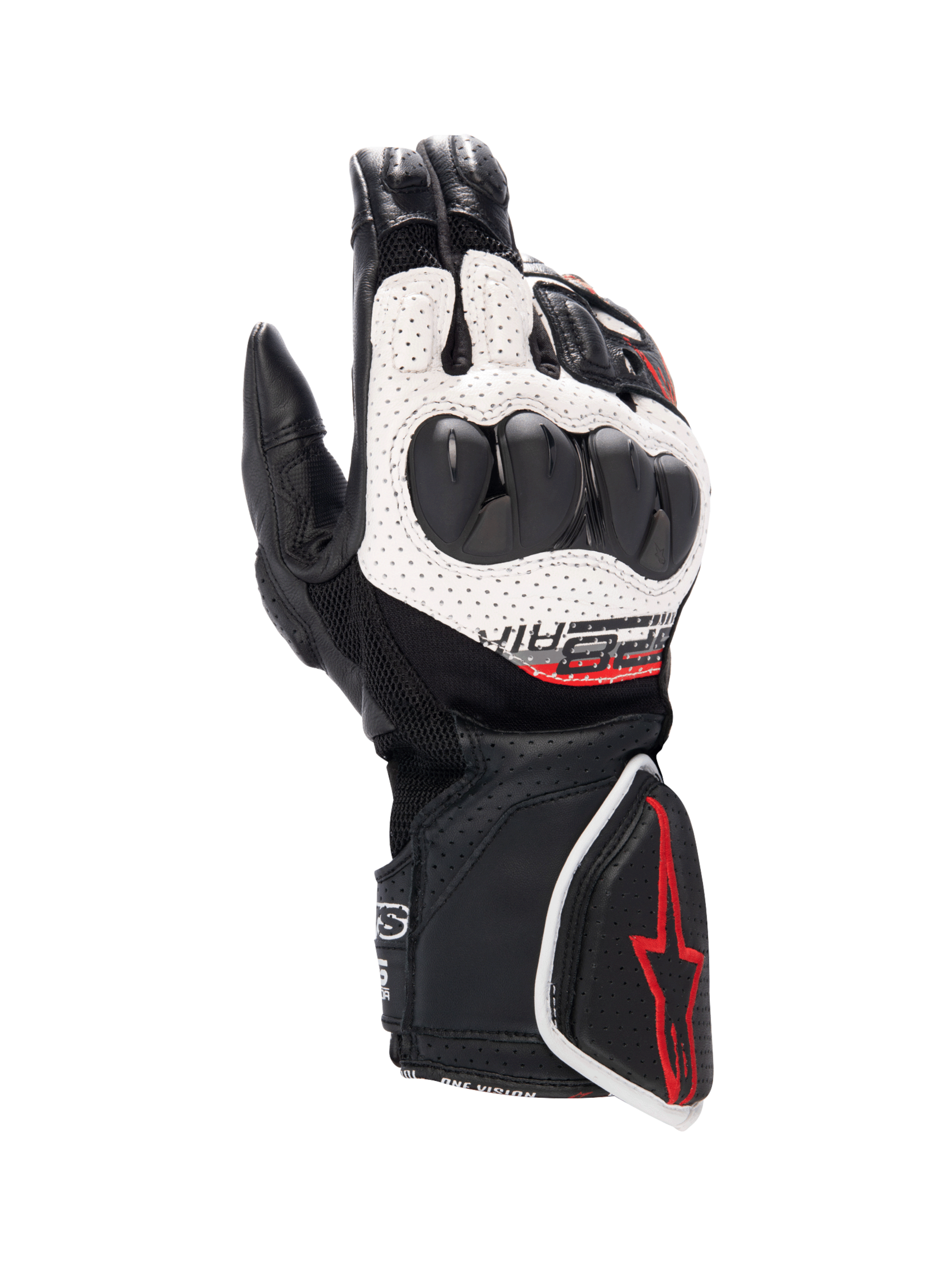 Alpinestars SP-8 V3 Air handsker, motorcykelracinghandsker til herrer, sort og hvid med rød grafik og knobeskyttelse.