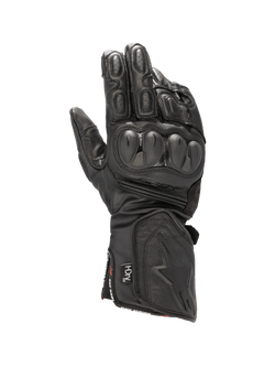 Alpinestars SP-8 HDry® Gloves, waterproof black leather motorcycle racing gloves with dual-density knuckle protection.
