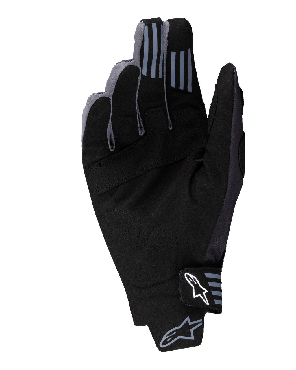 Alpinestars 2025 Techstar Gloves, Motocross Gloves, Black, palm view showing synthetic suede material with perforated details, silicone grip on fingertips, and white Alpinestars logo on the wrist closure.