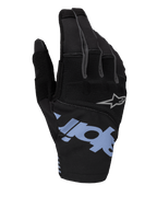 Alpinestars 2025 Techstar Gloves, Motocross Gloves, Black with Light Blue and Gray accents, featuring large light blue branding and small gray star logo, stretch ripstop and neoprene backhand for off-road racing