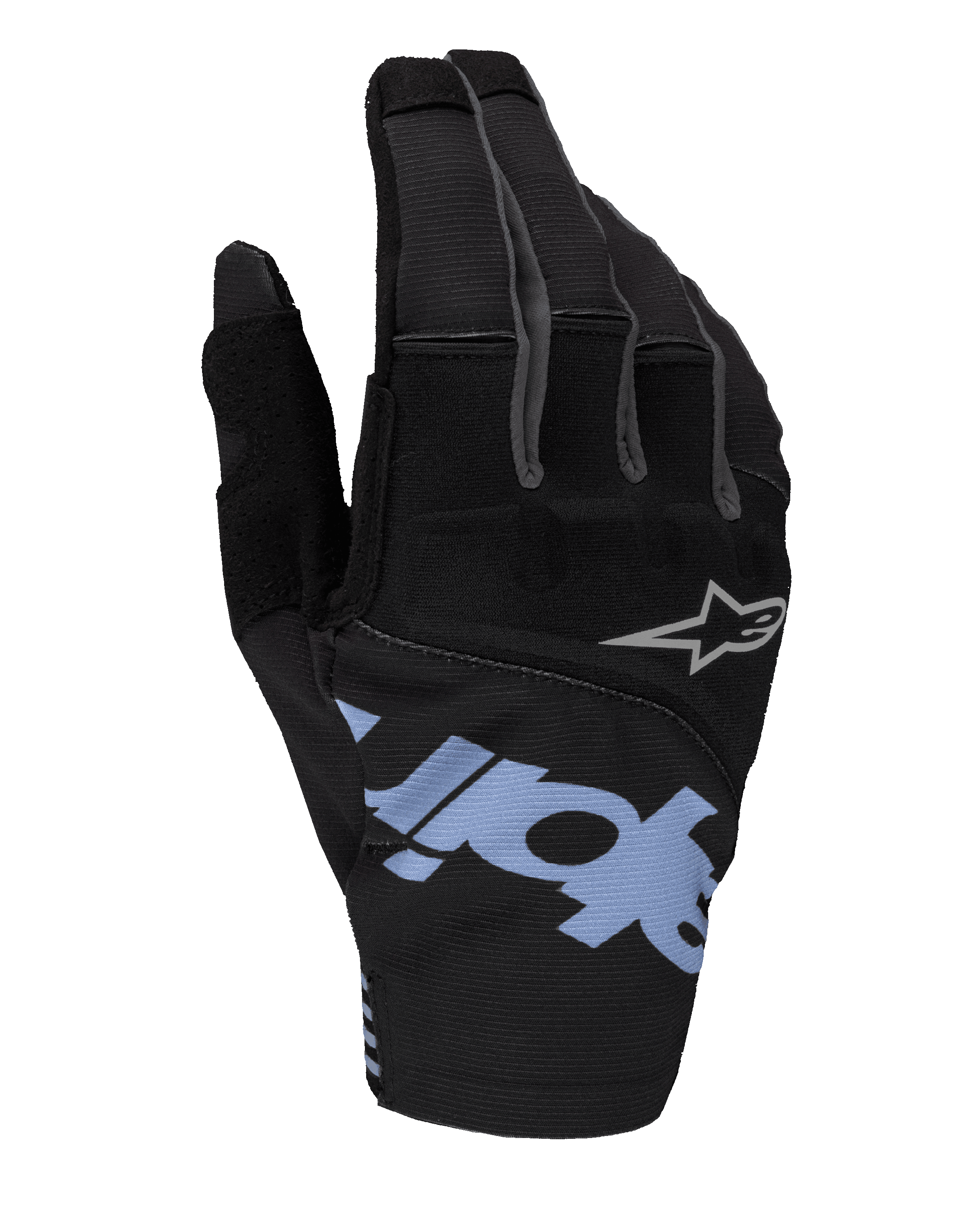 Alpinestars 2025 Techstar handsker, motocrosshandsker, sort med lyseblå og grå detaljer, med stort lyseblåt logo og lille gråt stjernelogo, strækbar ripstop og neopren-overhånd til off-road racing