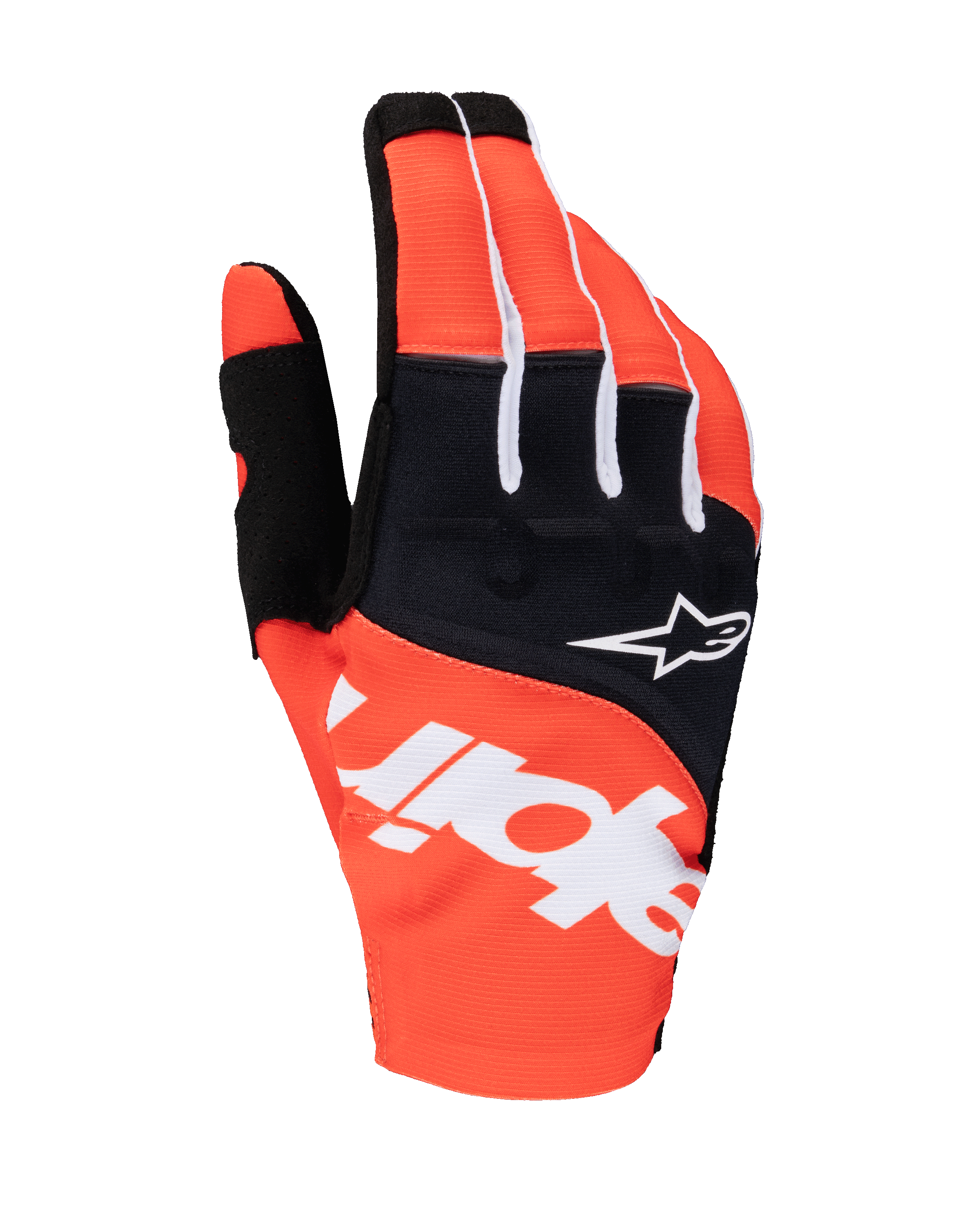 Alpinestars 2025 Techstar-handsker, motocross-handsker, sort og Hot Orange, med hvidt Alpinestars-logo over håndryggen, hvidt stjerne-logo på sort knopanel, teknisk tekstiludstyr til off-road racing