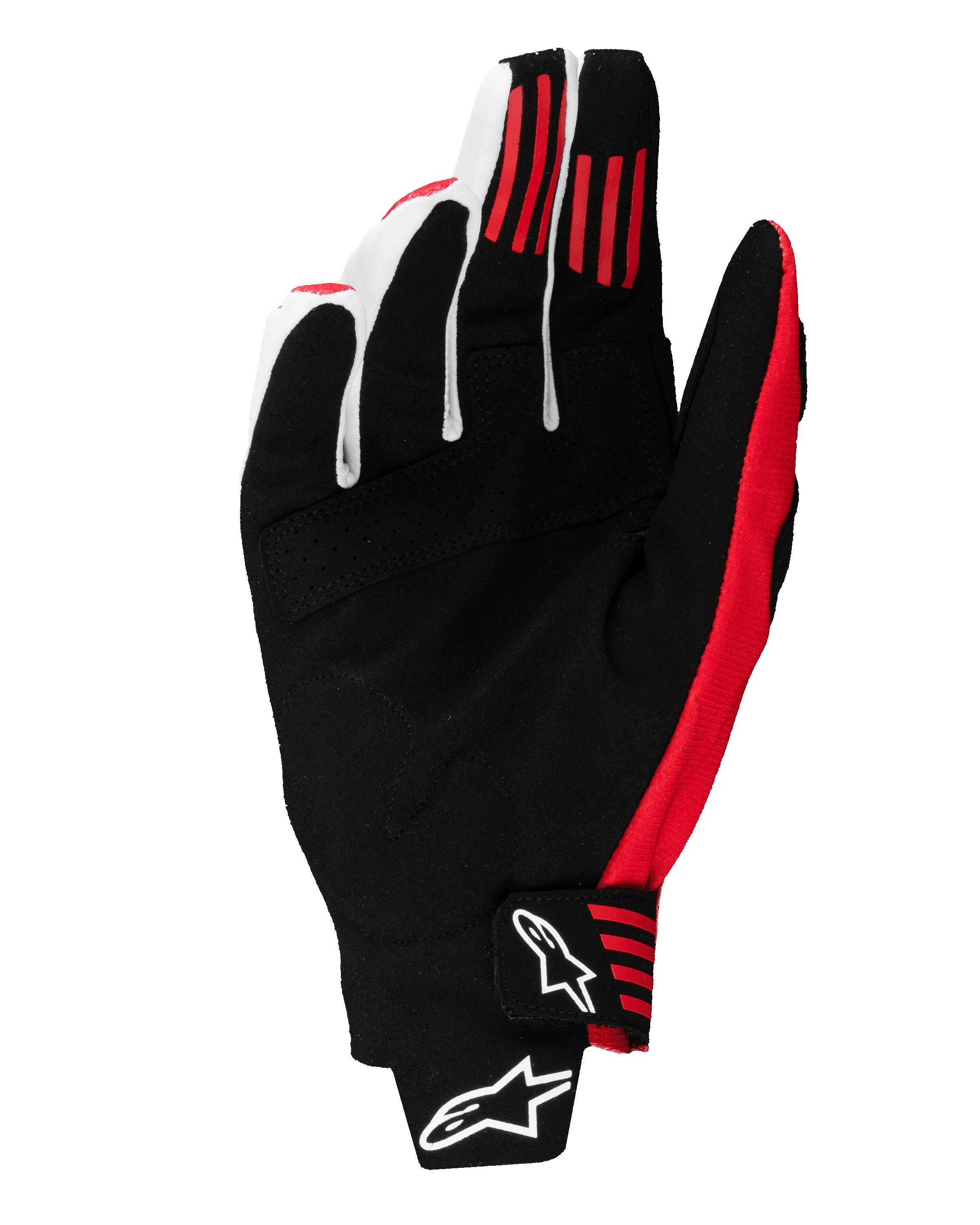 Alpinestars 2025 Techstar Gloves, Motocross Gloves, Black and Bright Red, palm view showing synthetic suede construction, red silicone grip stripes on fingers, and molded wrist closure with white Alpinestars logos