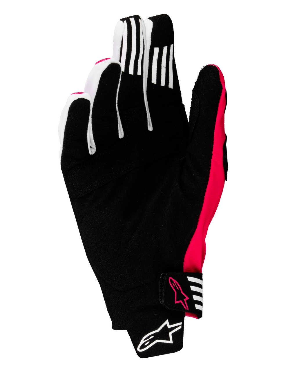 Alpinestars 2025 Techstar handsker, motocrosshandsker, sort og pink fluo, set fra håndfladen med forstærket syntetisk ruskind, hvide grebsstriber på fingrene, pink fluo-detaljer og logoer, sømløs håndledslukning med Alpinestars-branding