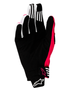 Alpinestars 2025 Techstar handsker, motocrosshandsker, sort og pink fluo, set fra håndfladen med forstærket syntetisk ruskind, hvide grebsstriber på fingrene, pink fluo-detaljer og logoer, sømløs håndledslukning med Alpinestars-branding