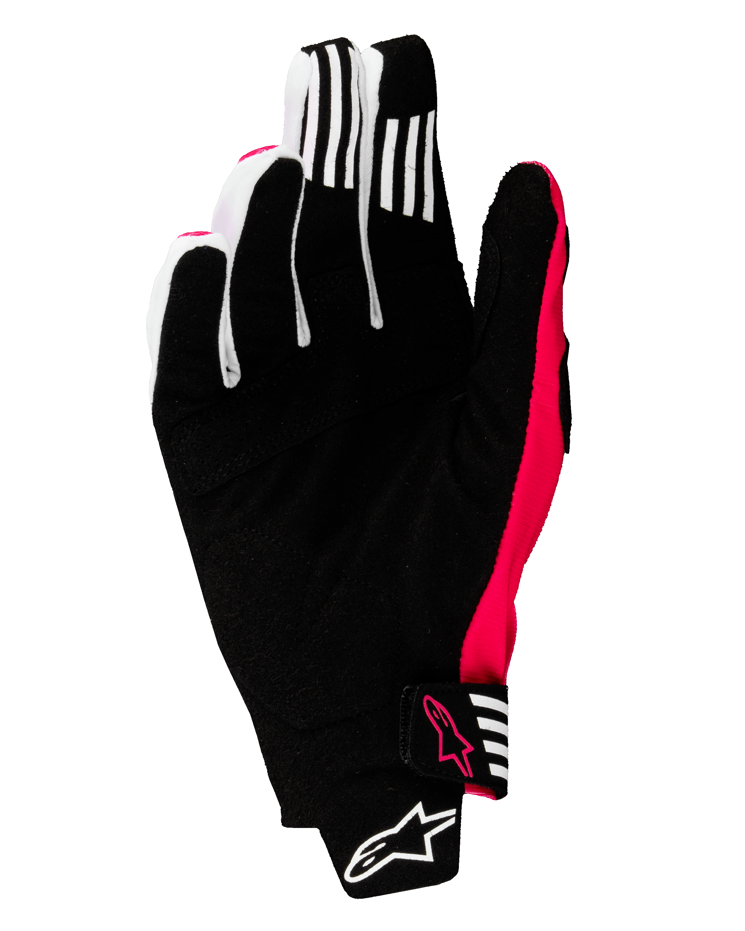 Alpinestars 2025 Techstar handsker, motocrosshandsker, sort og pink fluo, set fra håndfladen med forstærket syntetisk ruskind, hvide grebsstriber på fingrene, pink fluo-detaljer og logoer, sømløs håndledslukning med Alpinestars-branding
