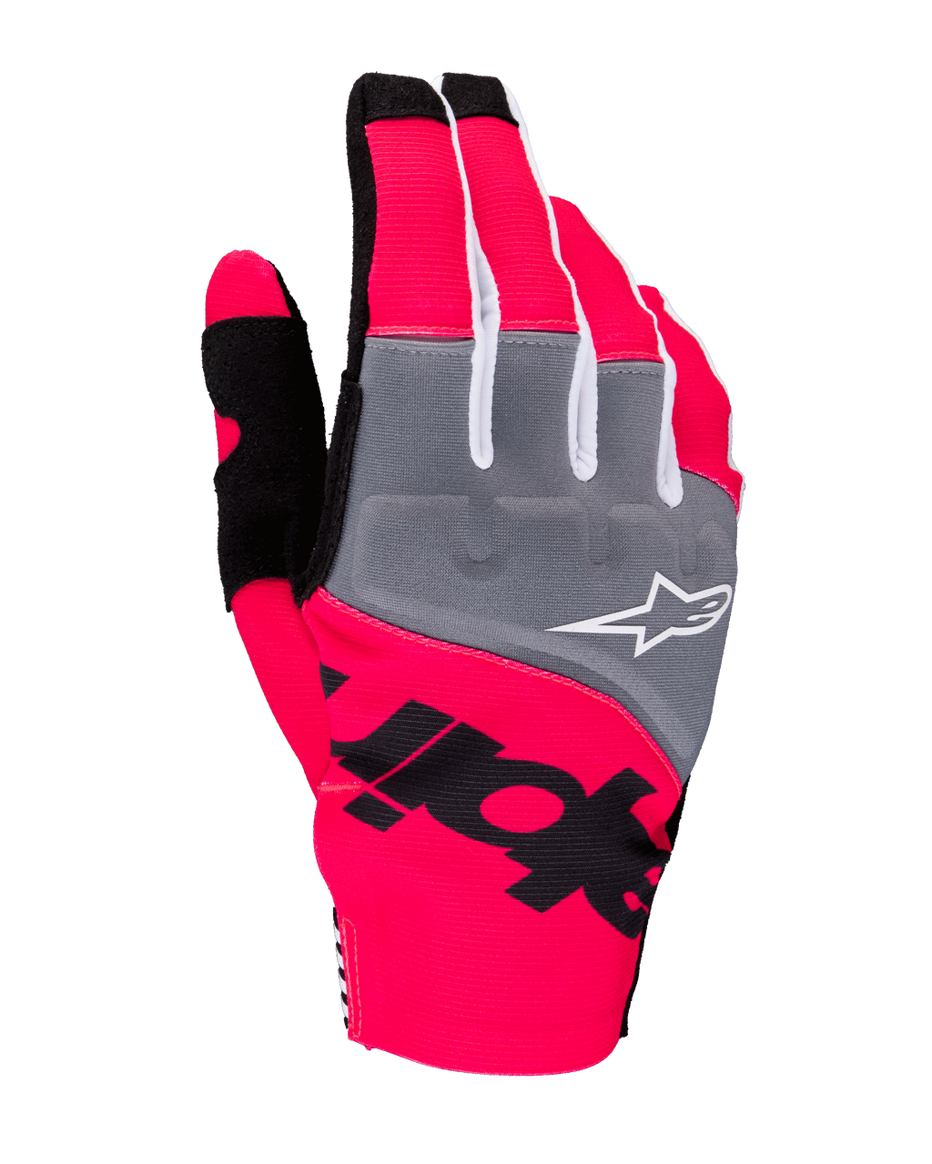 Alpinestars 2025 Techstar-handsker, motocross-handsker, neonpink, grå og sort, med grå knopaneler og hvidt logo, markant sort branding på neonpink strækstof, letvægtsdesign med hvide detaljer til off-road kørsel