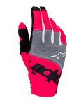 Alpinestars 2025 Techstar-handsker, motocross-handsker, neonpink, grå og sort, med grå knopaneler og hvidt logo, markant sort branding på neonpink strækstof, letvægtsdesign med hvide detaljer til off-road kørsel
