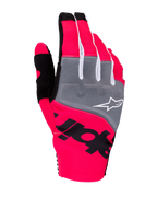 Alpinestars 2025 Techstar-handsker, motocross-handsker, neonpink, grå og sort, med grå knopaneler og hvidt logo, markant sort branding på neonpink strækstof, letvægtsdesign med hvide detaljer til off-road kørsel