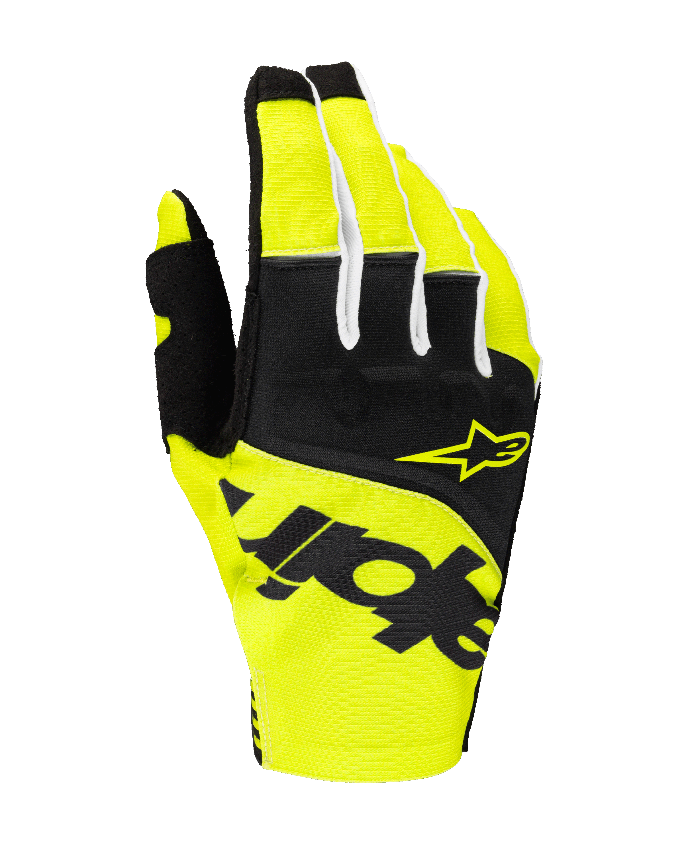 Alpinestars 2025 Techstar handsker, motocross racing handsker, sort og gul fluo, med gult stjernelogo og markant sort branding, tekstilkonstruktion med mikro-ripstop til off-road kørsel