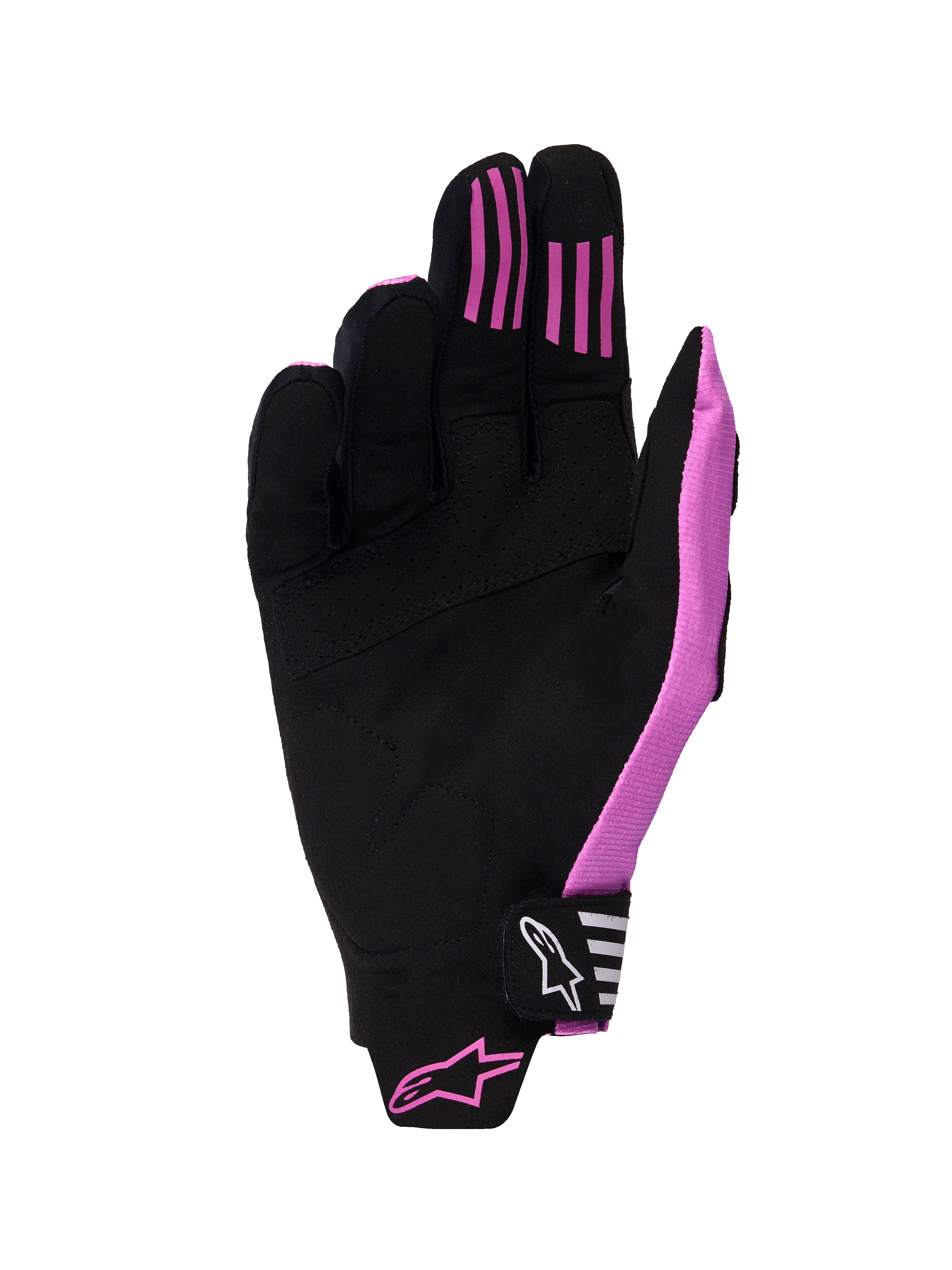 Alpinestars 2026 Techstar-handsker, motocross-handsker, sort og lilla, håndfladevisning med konstruktion i syntetisk ruskind, silikone-grebsstriber på fingrene og en støbt velcro-lukkerem med branding.