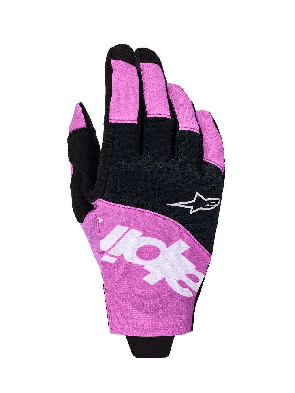 Alpinestars 2026 Techstar handsker, motocross-handsker, sort og lilla, set fra overhånden med hvidt Astar-logo og branding, strækbar mikro-ripstop-konstruktion, højtydende håndbeskyttelse til off-road